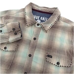 True Grit Shirt Mens XL Grey Plaid Blanket Stitch Lux Cord Long Sleeve Cotton